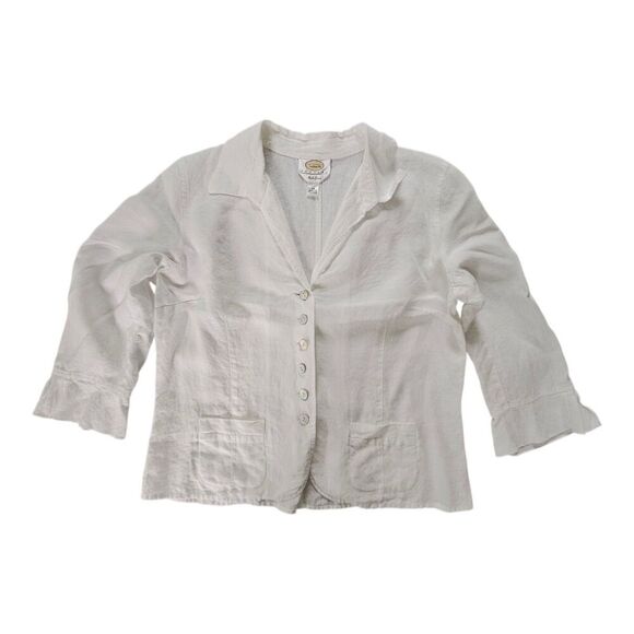 Talbots Irish Linen White Cropped Blazer 3/4 Ruffle Sleeve Size 14 PETITE - Picture 1 of 8